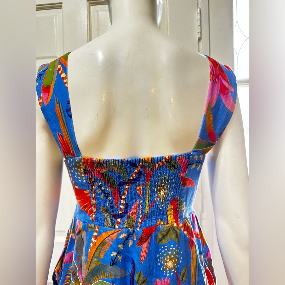 FARM RIO 100%Cotton Macaw Tropical Blue Floral Party Mini Dress Size XS - Picture 10 of 14